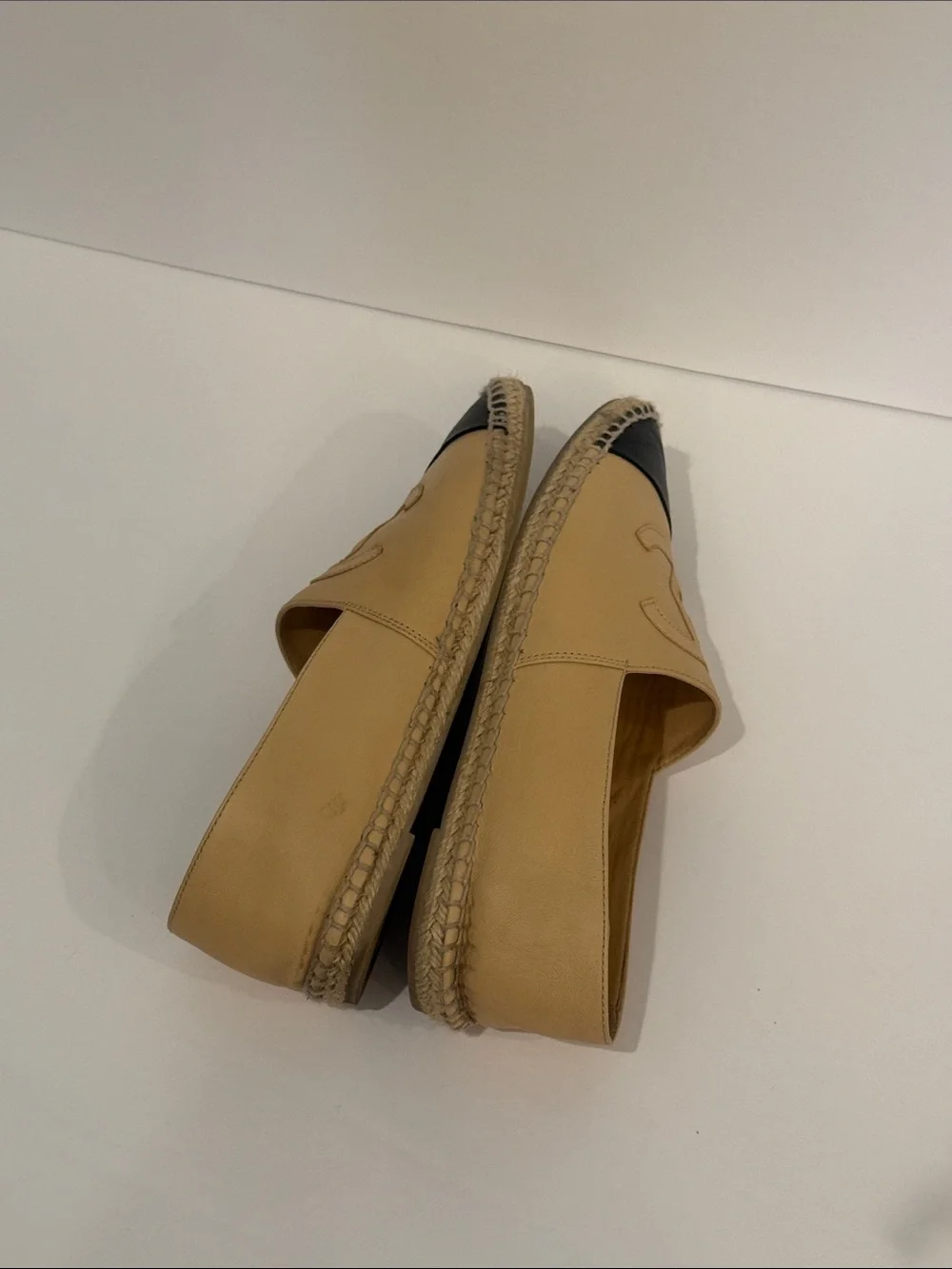 CHANEL Beige Leather Espadrille Flats with Black Cap Toe